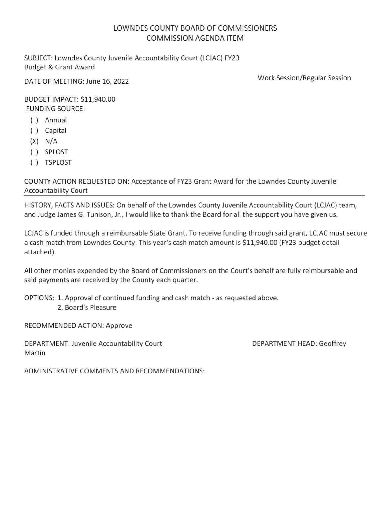 BUDGET IMPACT: $11,940.00 BUDGET SOURCE: N/A