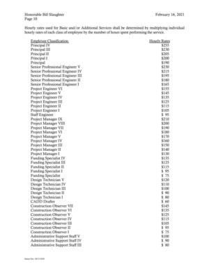 [hourly rates of each class of employee by the number of hours spent performing the service.]