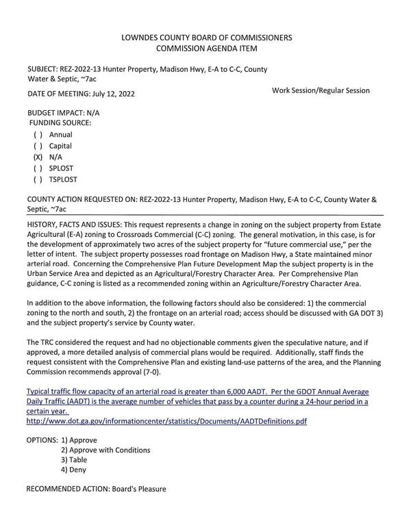 BUDGET IMPACT: N/A for the development of approximately two acres of the subject property for “future commercial use,”