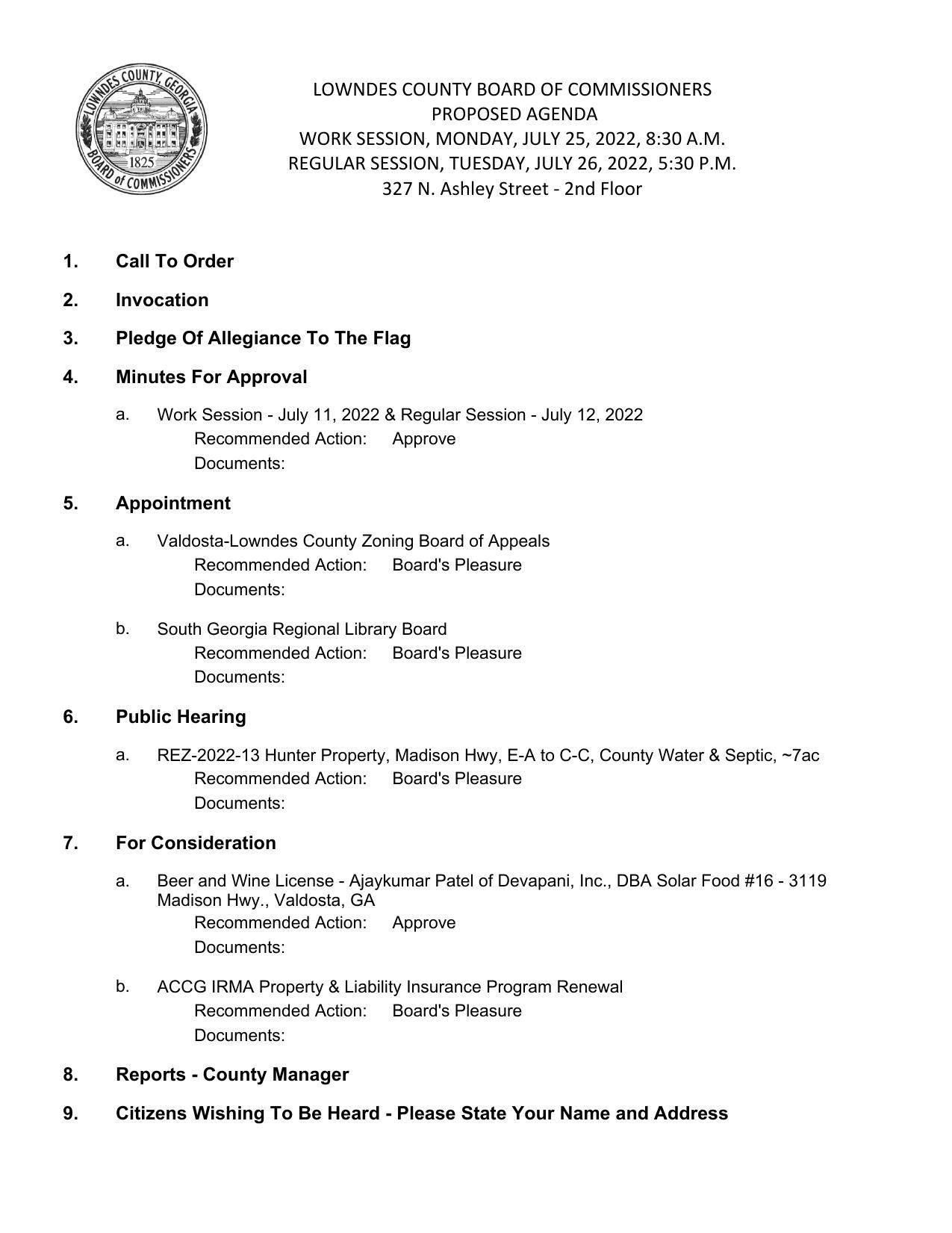 PROPOSED AGENDA