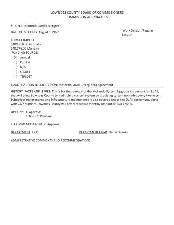 [COUNTY ACTION REQUESTED ON: Motorola SUAII (Evergreen) Agreement]