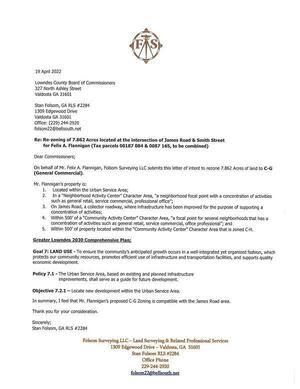 [On behalf of Mr. Felix A. Flanigan, Folsom Surveying LLC submits this letter of intent to rezone 7.862 Acres of land to C-G]
