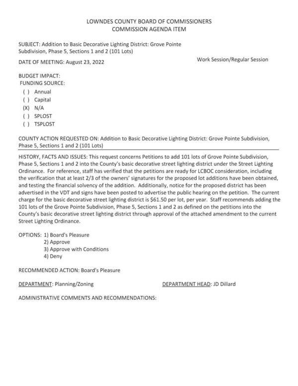 [add 101 lots of Grove Pointe Subdivision, Phase 5, Sections 1 and 2 into the County’s basic decorative street lighting district under the Street Lighting Ordinance.]