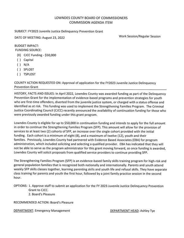 Lowndes County is eligible for up to $50,000 in continuation funding and intends to apply for the full amount