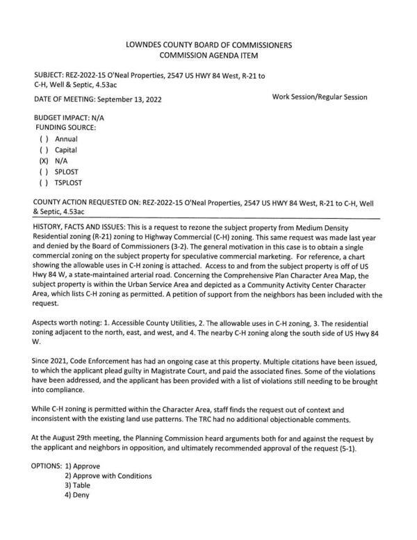 BUDGET IMPACT: N/A to obtain a single commercial zoning on the subject property for speculative commercial marketing. Previously denied 2021-07-13