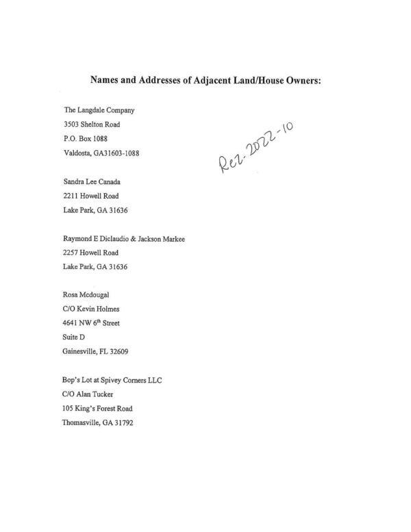 Names and Addresses of Adjacent Land/House Owners: