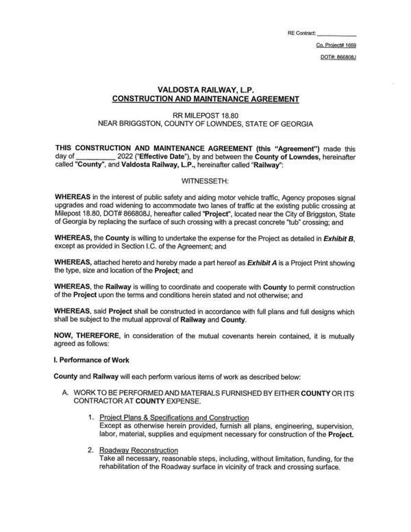 CONSTRUCTION AND MAINTENANCE AGREEMENT; RR MILEPOST 18.80