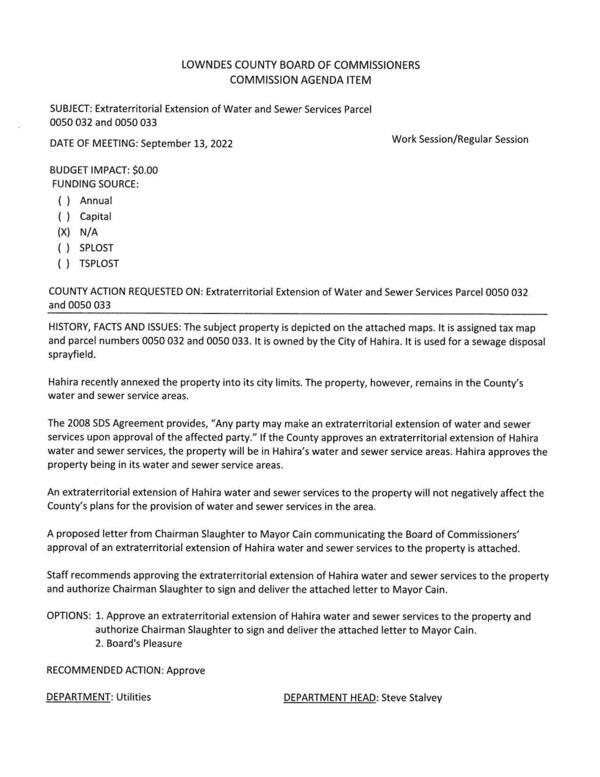 BUDGET IMPACT: $0.00 Hahira recently annexed for sewage disposal sprayfield but still in county water and sewer service area.