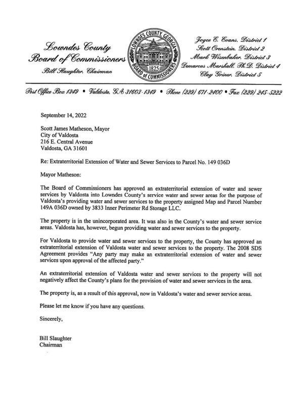 Approval letter from Lowndes County to Valdosta
