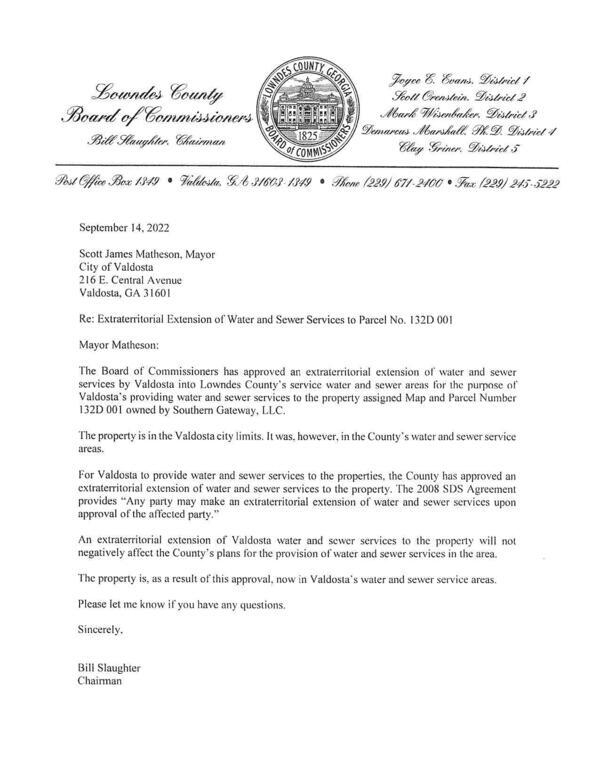 Approval letter from Lowndes County to Valdosta