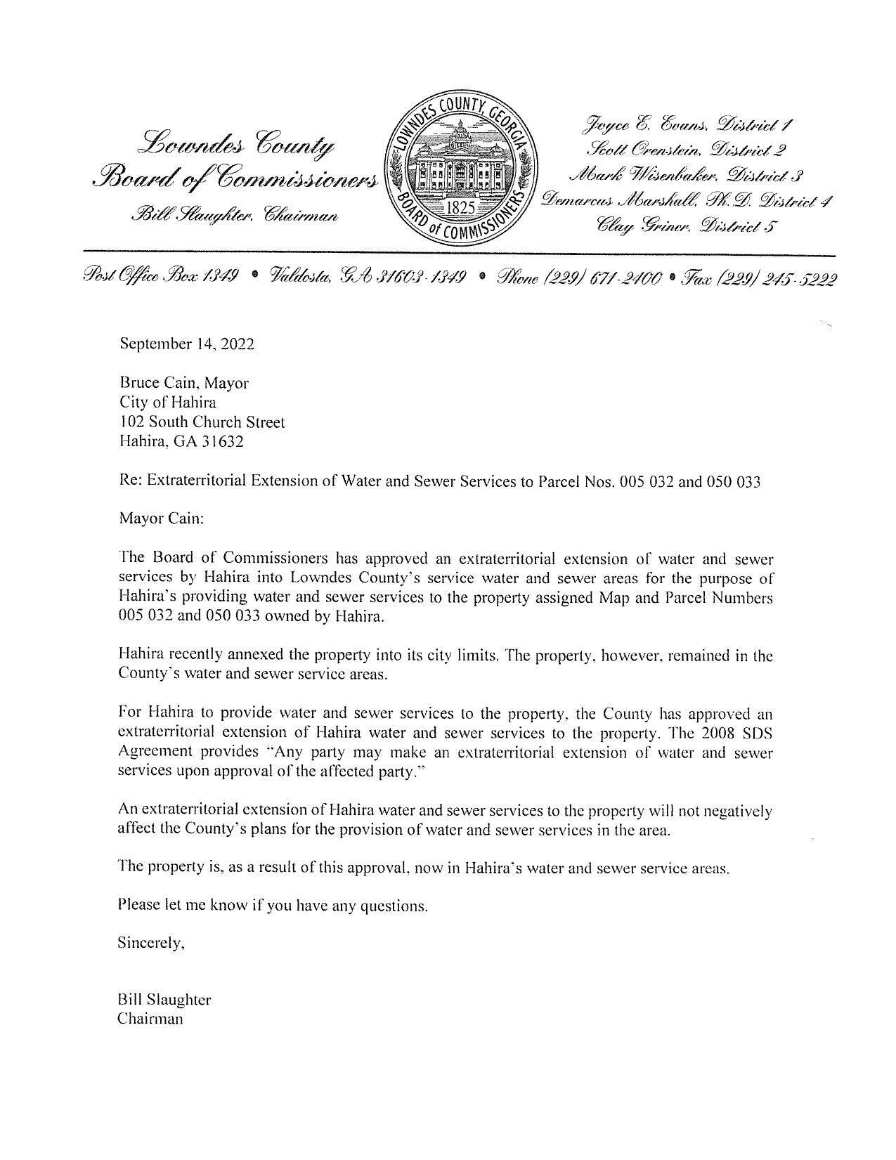 Approval letter from Lowndes County to Hahira
