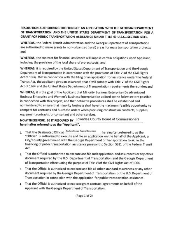RESOLUTION AUTHORIZING THE FILING OF AN APPLICATION WITH THE GEORGIA DEPARTMENT