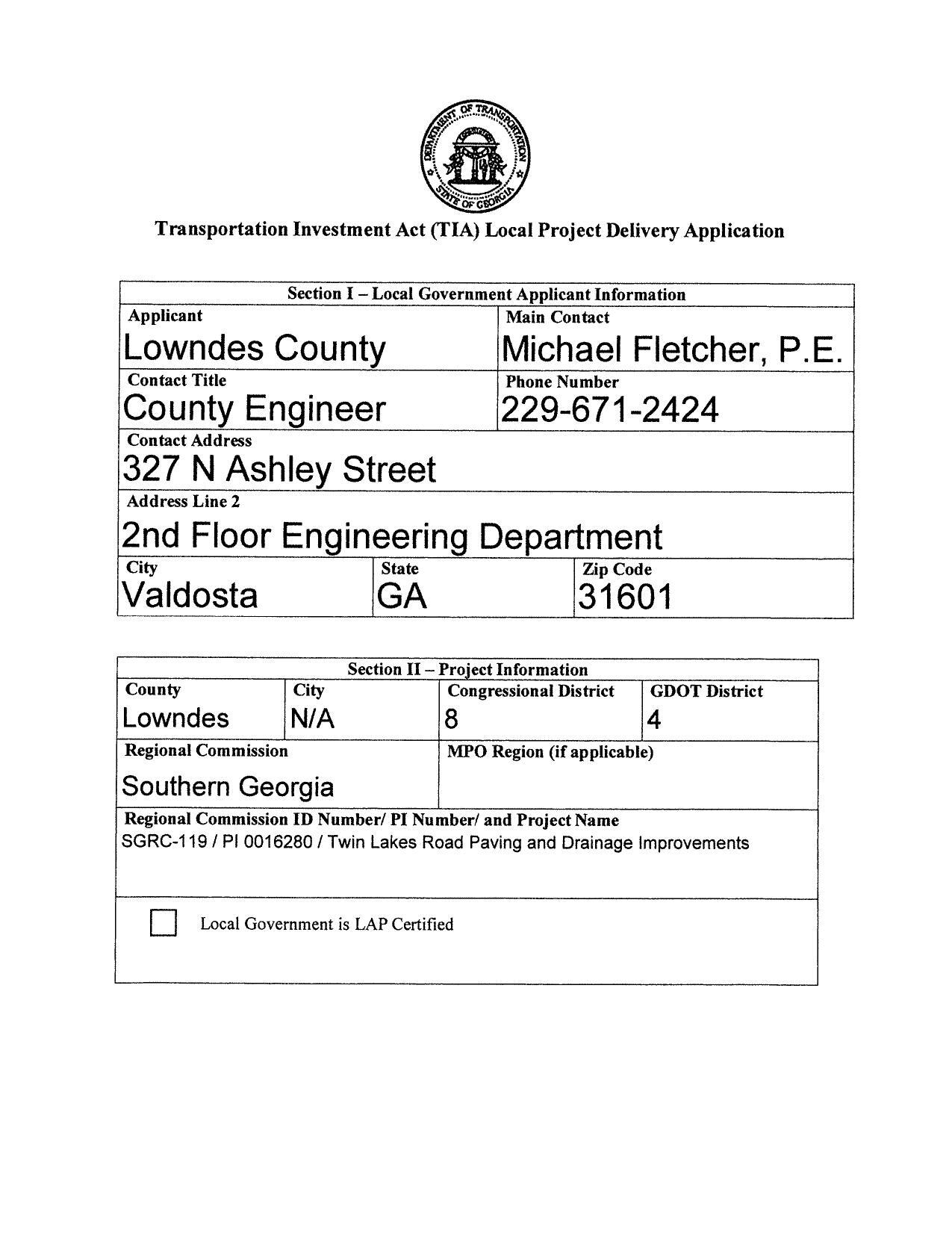 Section I — Local Government Applicant Information