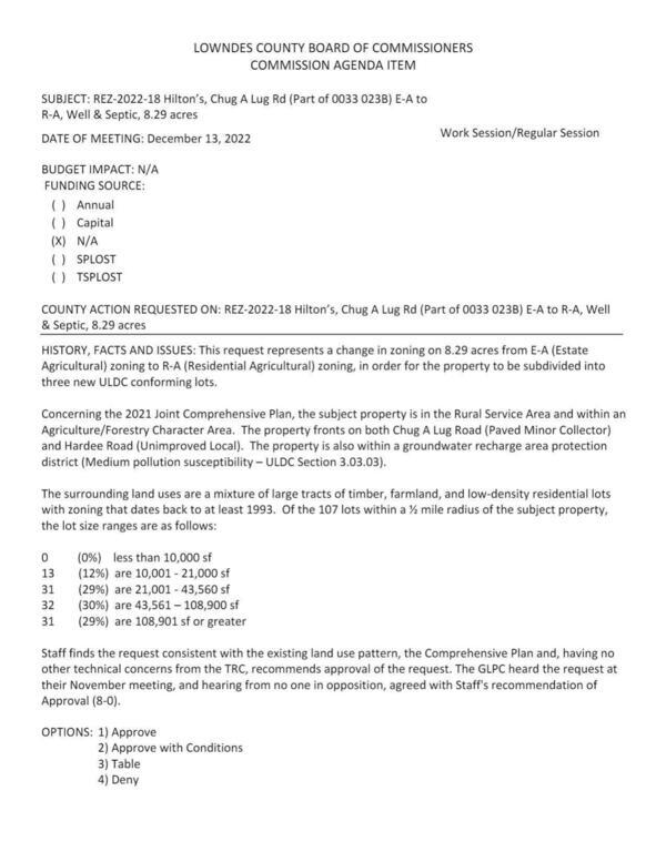 REZ-2022-18 Hilton’s, Chug A Lug Rd (Part of 0033 0238) E-A to R-A, Well & Septic, 8.29 acres