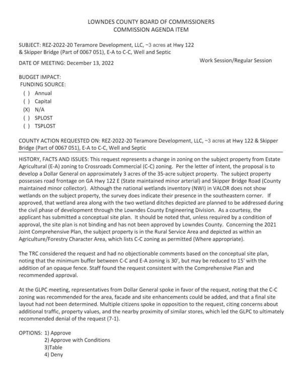 [REZ-2022-20 Teramore Development, LLC, ~3 acres at Hwy 122 & Skipper Bridge (Part of 0067 051), E-A to C-C, Well and Septic]