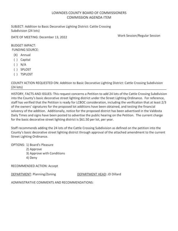 [Addition to Basic Decorative Lighting District: Cattle Crossing Subdivision (24 lots)]