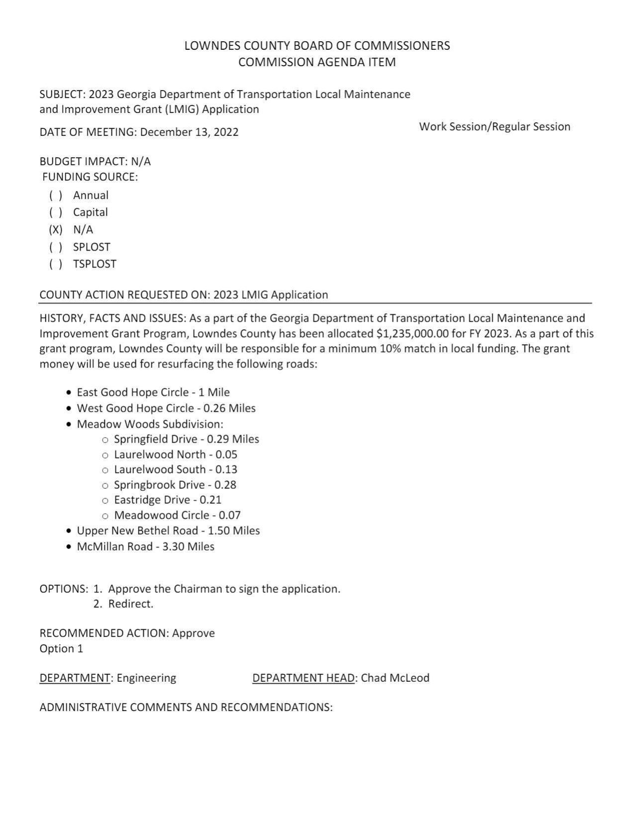 BUDGET IMPACT: N/A 2023 Georgia Department of Transportation Local Maintenance and Improvement Grant (LMIG) Application