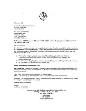 [On behalf of the property owners, Folsom Surveying LLC submits this letter of intent to rezone 8.29 Acres of land from E-A to]