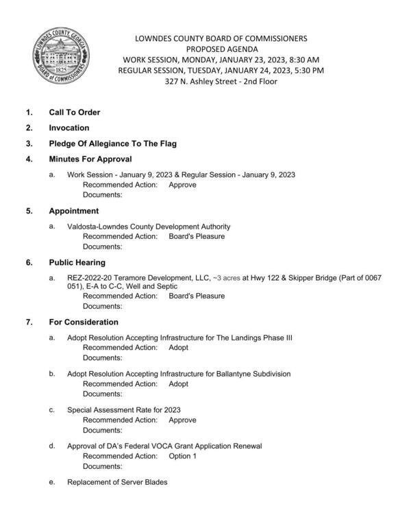 Agenda: VLDA Appointment, Public Hearing REZ-2022-20, For Consideration