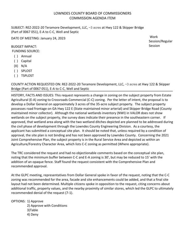 [to develop a Dollar General on approximately 3 acres of the 35-acre subject property. GLPC recommended denial 7-1.]