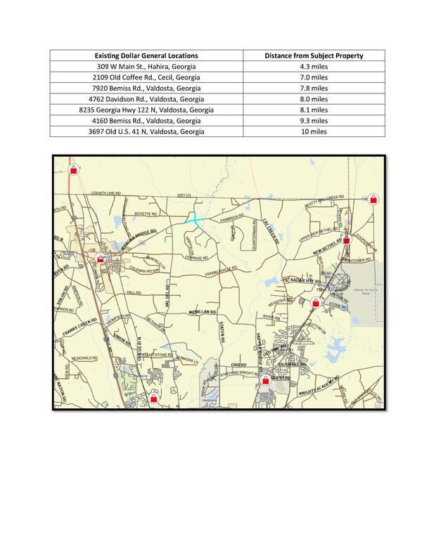 [Table of existing Dollar General locations and distances]