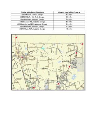 [Table of existing Dollar General locations and distances]