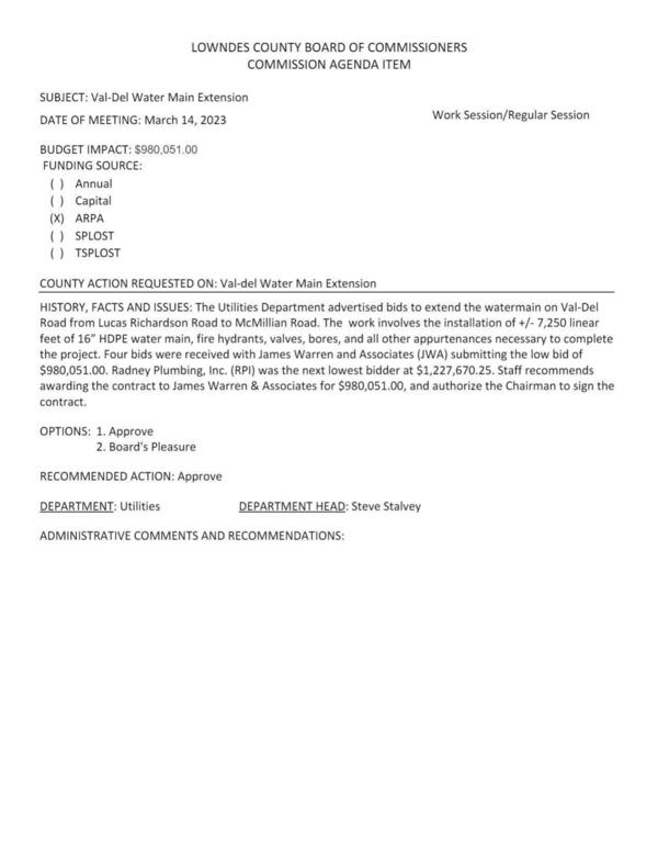 [BUDGET IMPACT: $980,051.00 on Val-Del Road from Lucas Richardson Road to McMillian Road.]