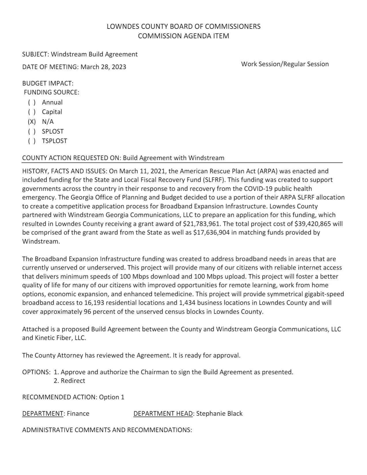 ARPA-funded broadband expanstion to cover approximately 96 percent of the unserved census blocks in Lowndes County.