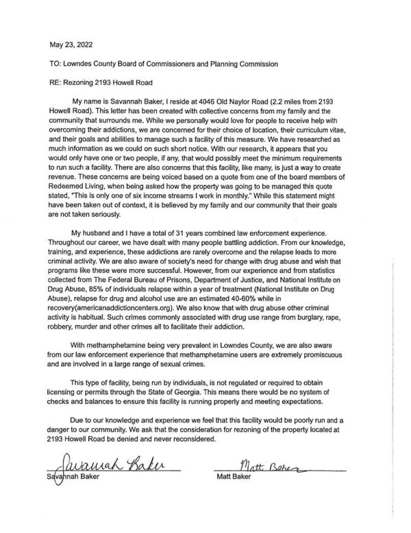 Opposition letter, Savannah and Matt Baker