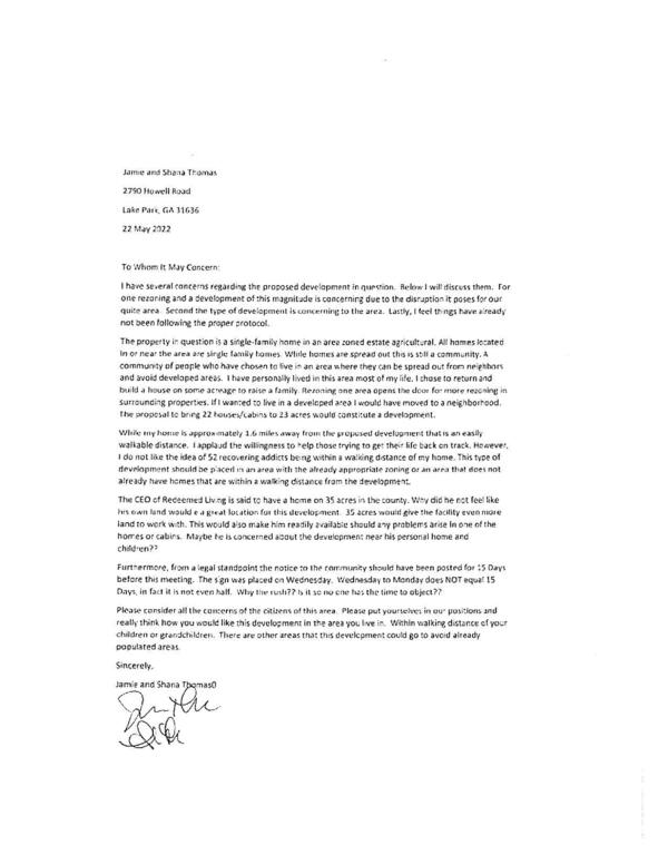 Opposition letter, Jamie and Shana Thomas
