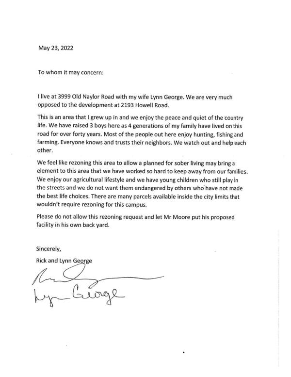 Opposition letter, Rick and Lynn George