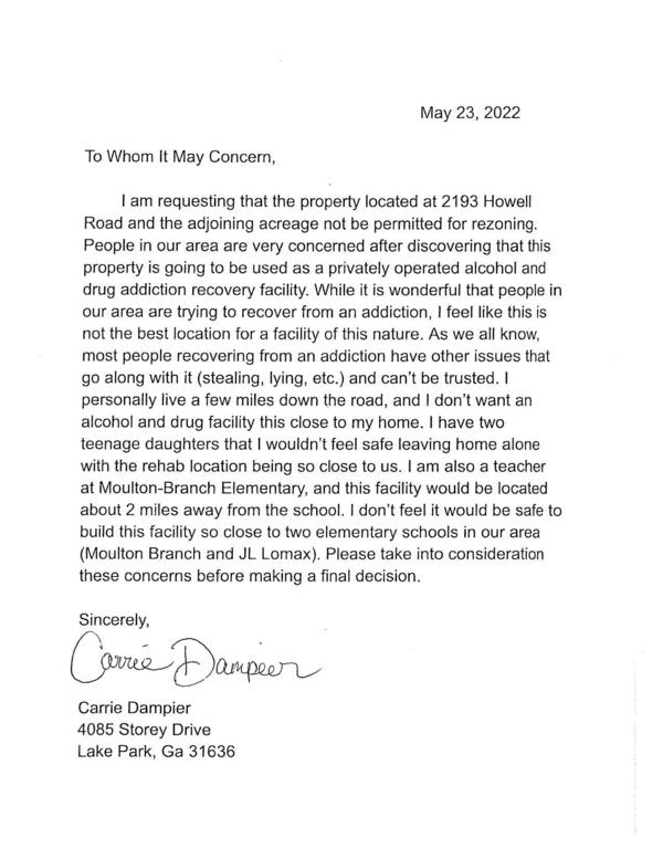 Opposition letter, Carrie Dampier