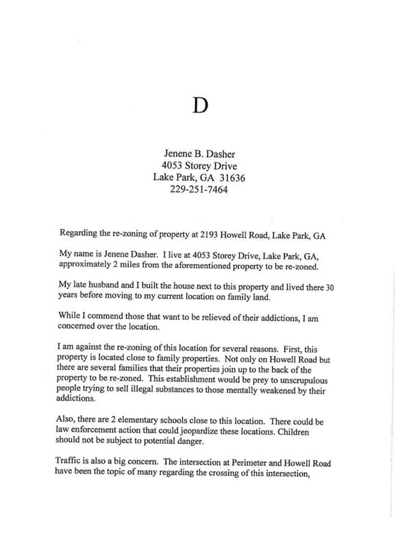 Opposition letter, Jenene B. Dasher