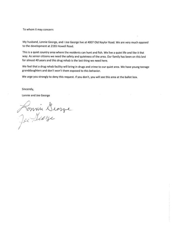 Opposition letter, Lonnie and Joe George