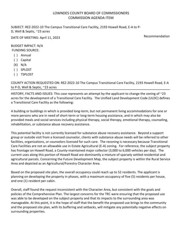 [BUDGET IMPACT: N/A for the development of a Transitional Care Facility.]