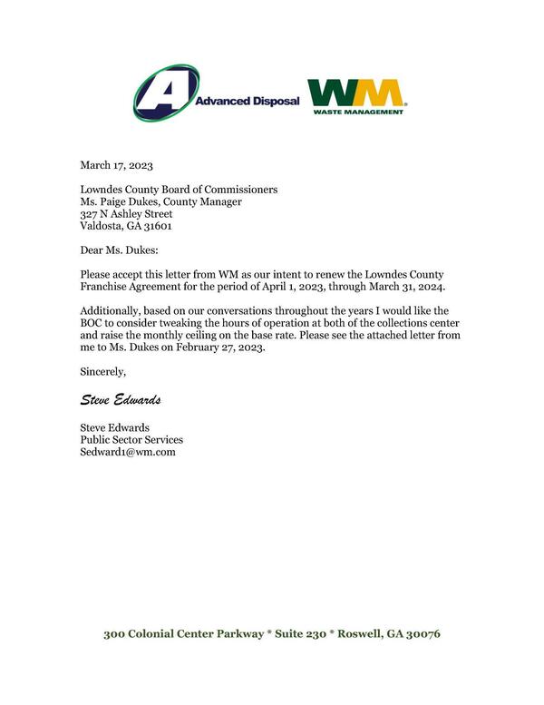Franchise renewal request by Waste Management