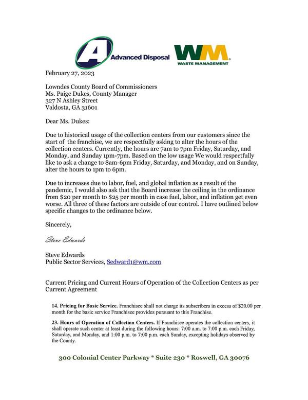 Hours and rate increase request by Waste Management.