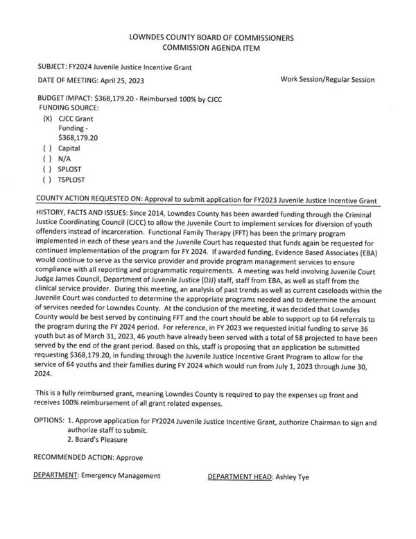 [BUDGET IMPACT: $368,179.20 - Reimbursed 100% by CICC]