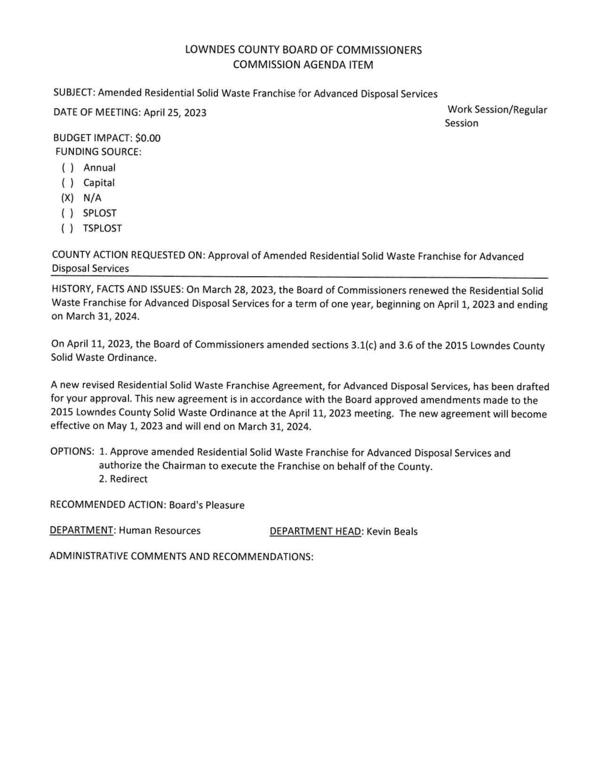 On April 11, 2023, the Board of Commissioners amended sections 3.1(c) and 3.6 of the 2015 Lowndes County