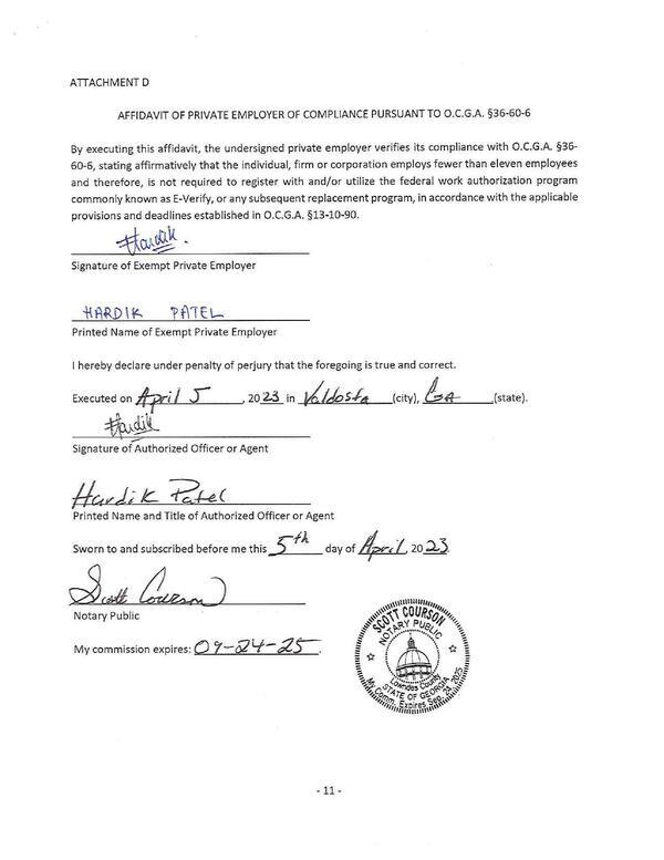 AFFIDAVIT OF PRIVATE EMPLOYER OF COMPLIANCE PURSUANT TO 0.C.G.A. §36-60-6