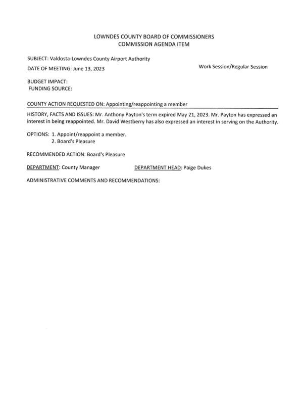 [Anthony Payton wants to be reappointed. David Westberry also applied.]