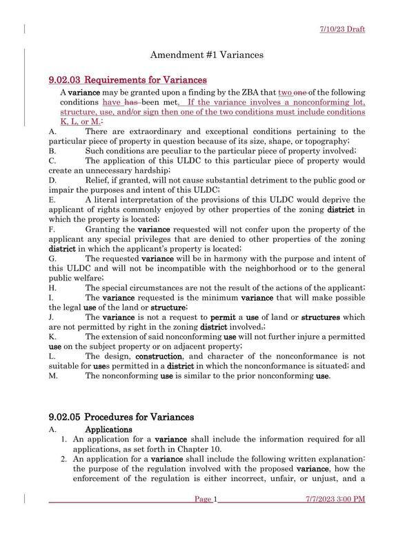 Amendment #1 Variances
