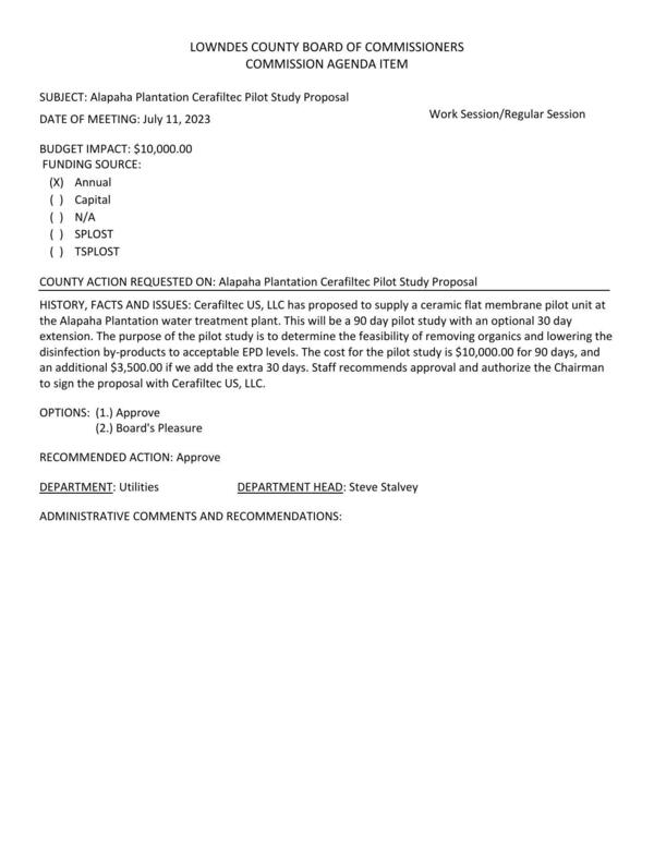 BUDGET IMPACT: $10,000.00; to determine the feasibility of removing organics and lowering the disinfection by-products to acceptable EPD levels.