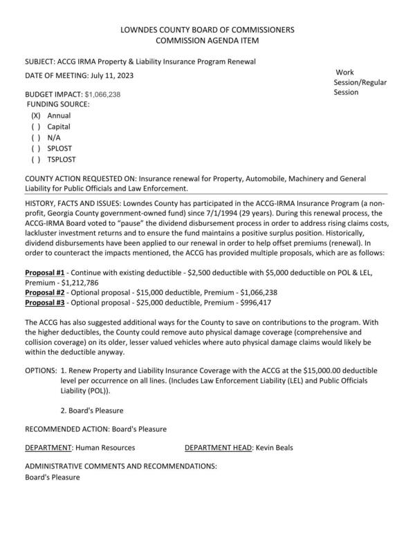 [BUDGET IMPACT: $1,066,238; the ACCG-IRMA Board voted to “pause” the dividend disbursement process in order to address rising claims costs, lackluster investment returns and to ensure the fund maintains a positive surplus position.]