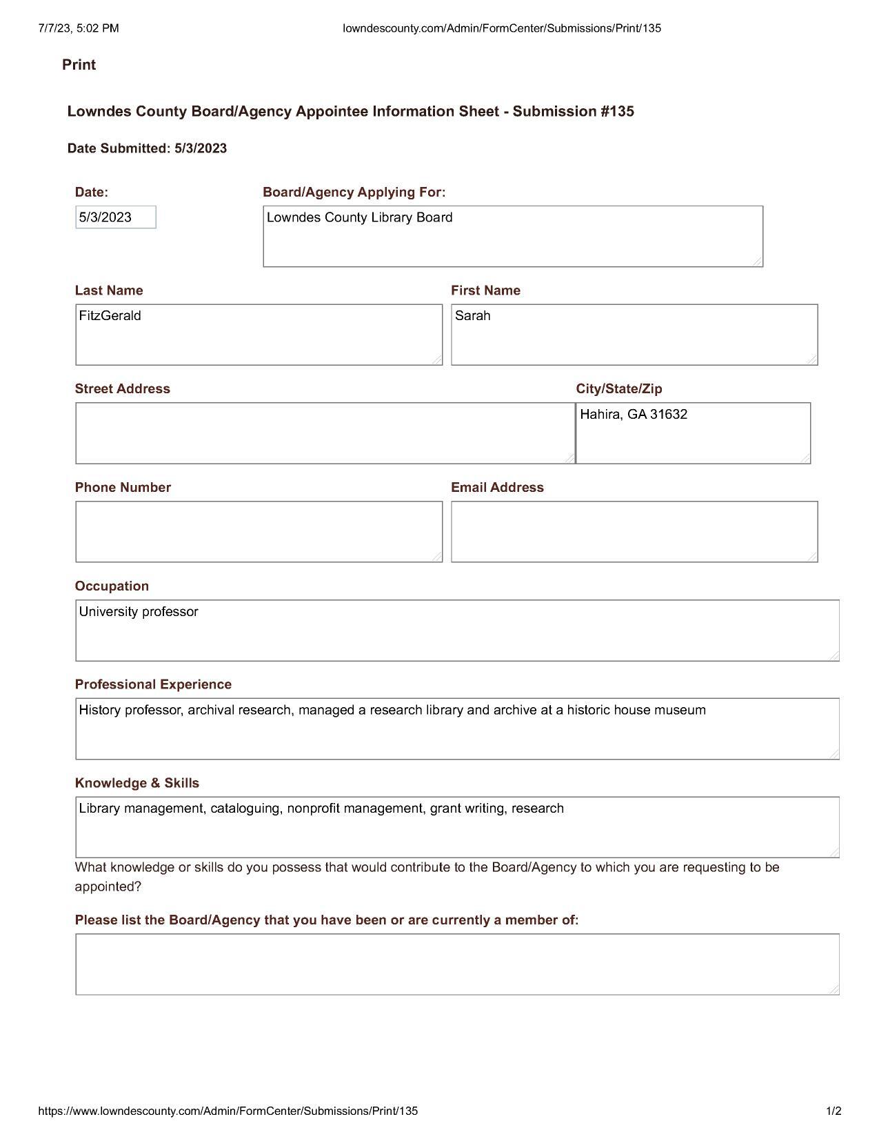 Sarah FitzGerald application