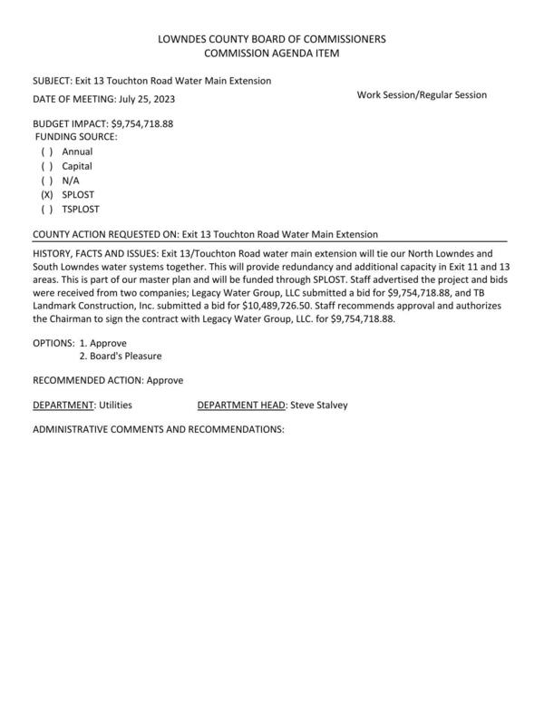 [BUDGET IMPACT: $9,754,718.88; will tie our North Lowndes and South Lowndes water systems together.]