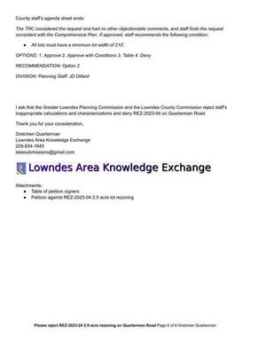 [I ask that the Greater Lowndes Planning Commission and the Lowndes County Commission reject staff’s inappropriate calculations and characterizations and deny REZ-2023-04 on Quarterman Road.]