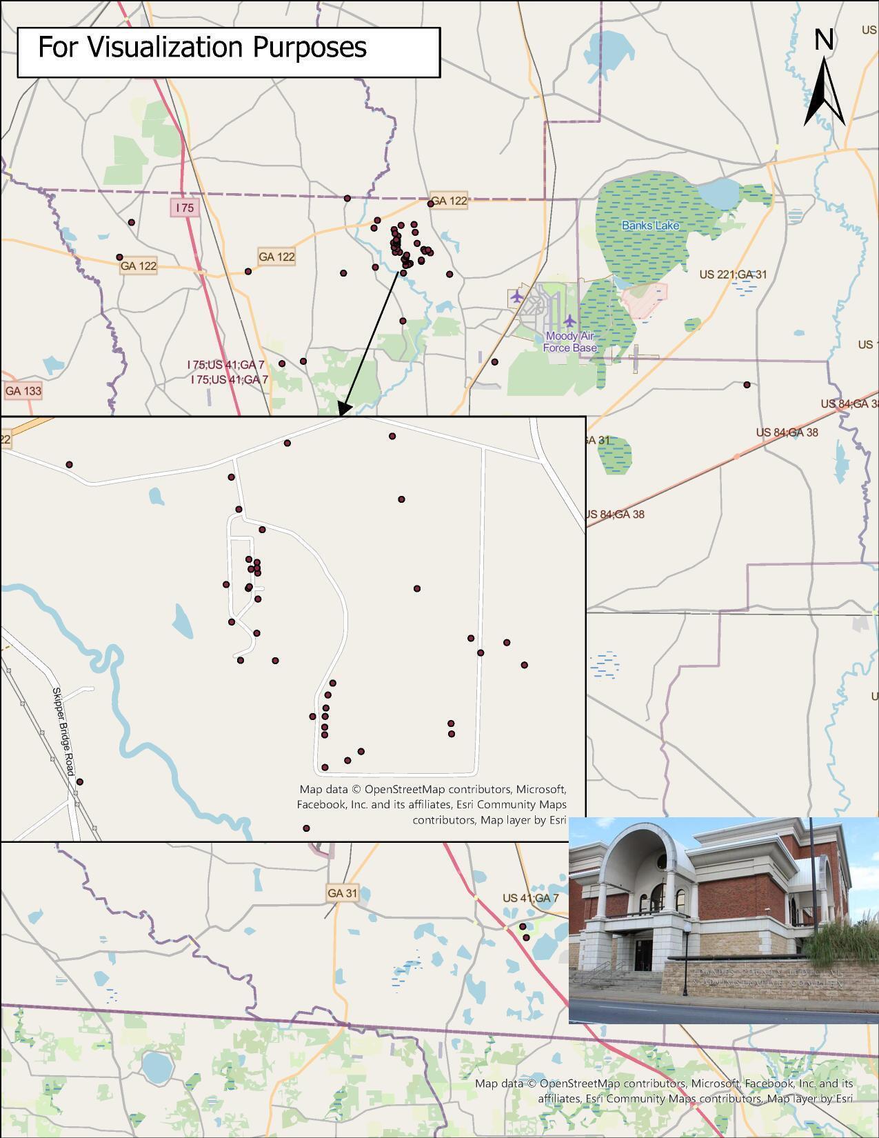 [SGRC map of petition signers against REZ-2023-04 Quarterman Road and VDT pictures of Lowndes County Commission meeting building]