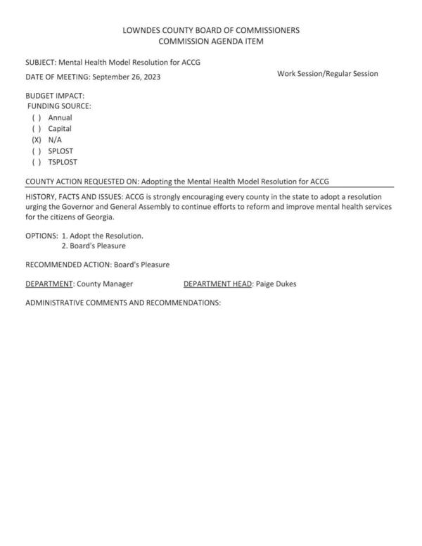 [ACCG is strongly encouraging every county in the state to adopt a resolution urging the Governor and General Assembly to continue efforts to reform and improve mental health services for the citizens of Georgia.]