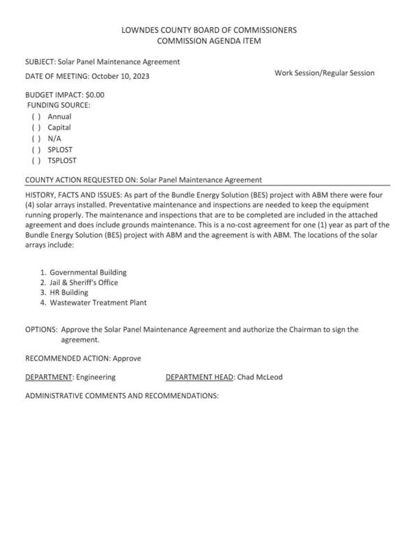 BUDGET IMPACT: $0.00 As part of the Bundle Energy Solution (BES) project with ABM there were four (4) solar arrays installed. Preventative maintenance and inspections are needed to keep the equipment running properly.